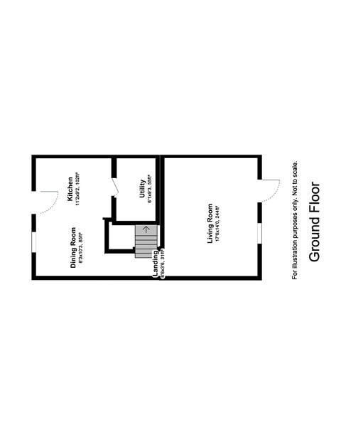 A drawing of a floor plan of a house with a living room, dining room, kitchen, and utility area.